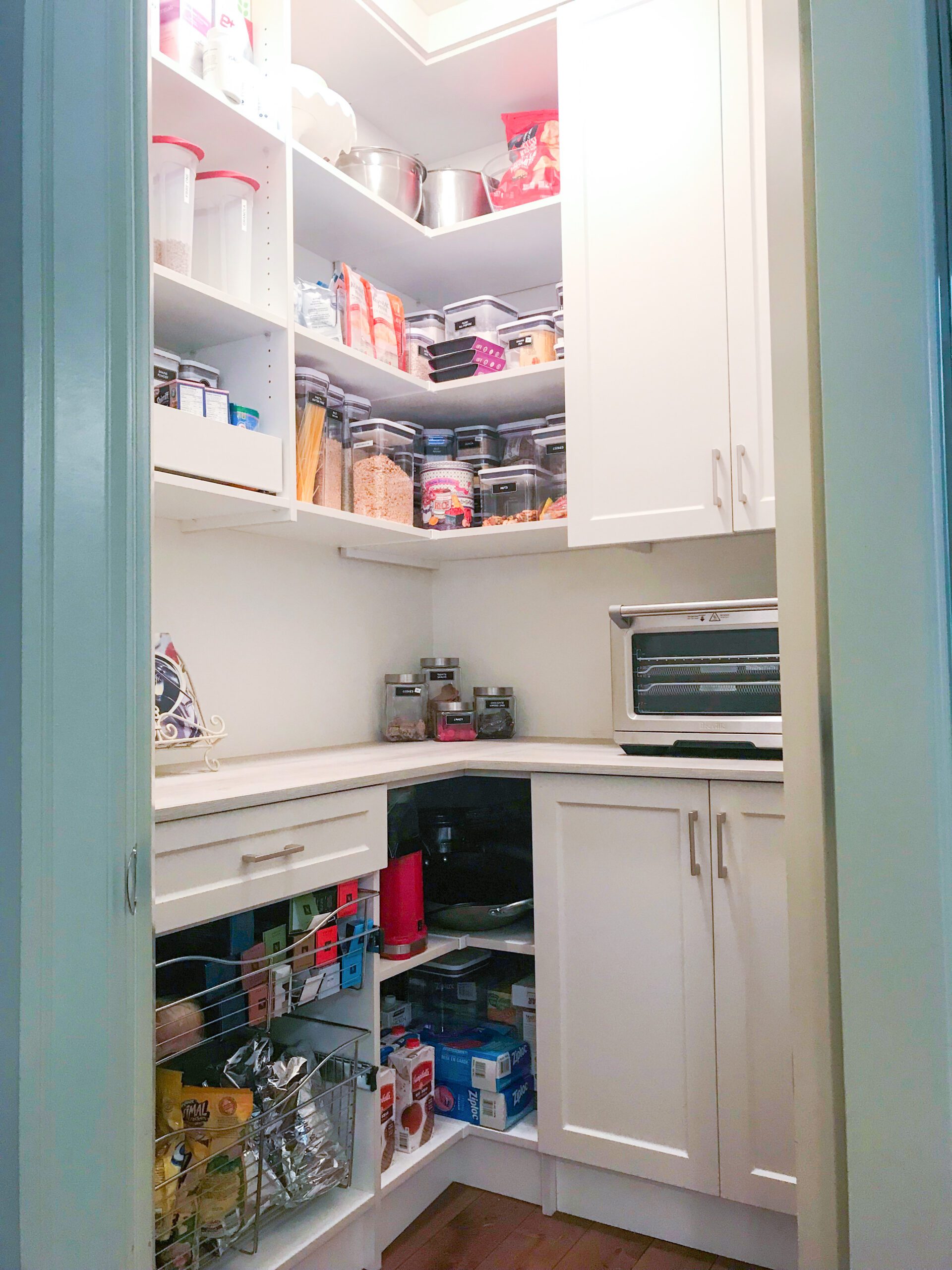 Custom pantry closets with roll-out shelves