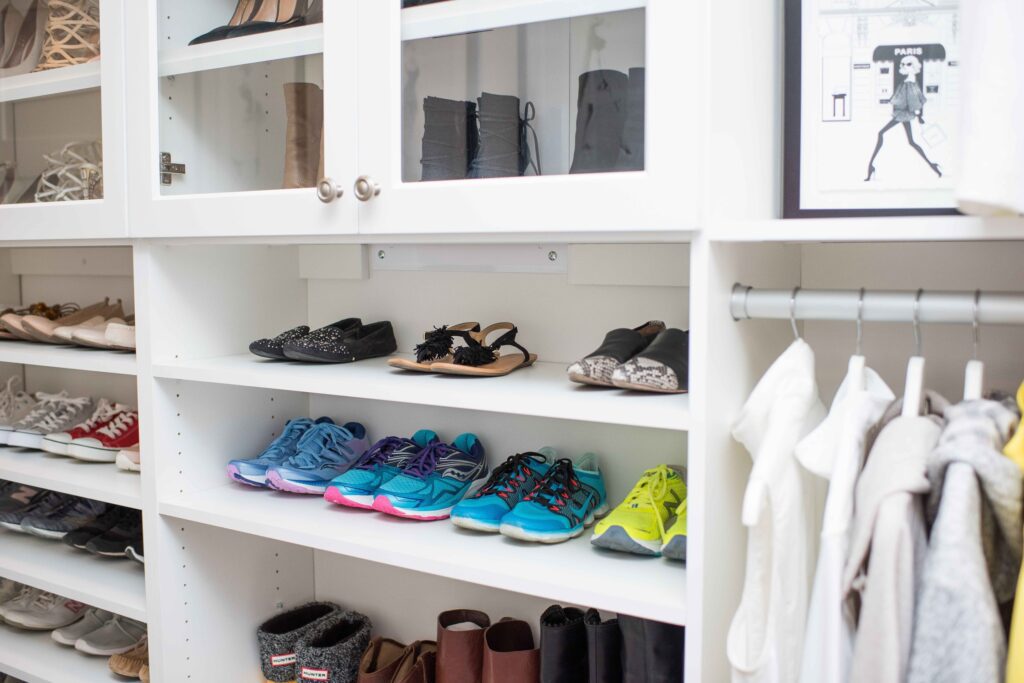 Custom shoe closet with colorful sneakers
